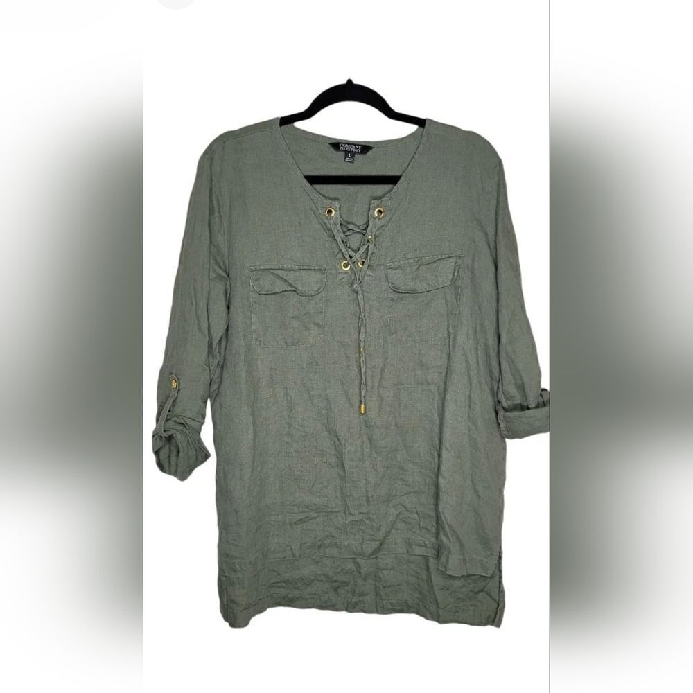Ellen Tracy M Caper Green 100% LINEN Roll Tab Sleeve High Low Women’s Blouse